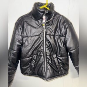 Women's faux Leather Black Puffer Jacket